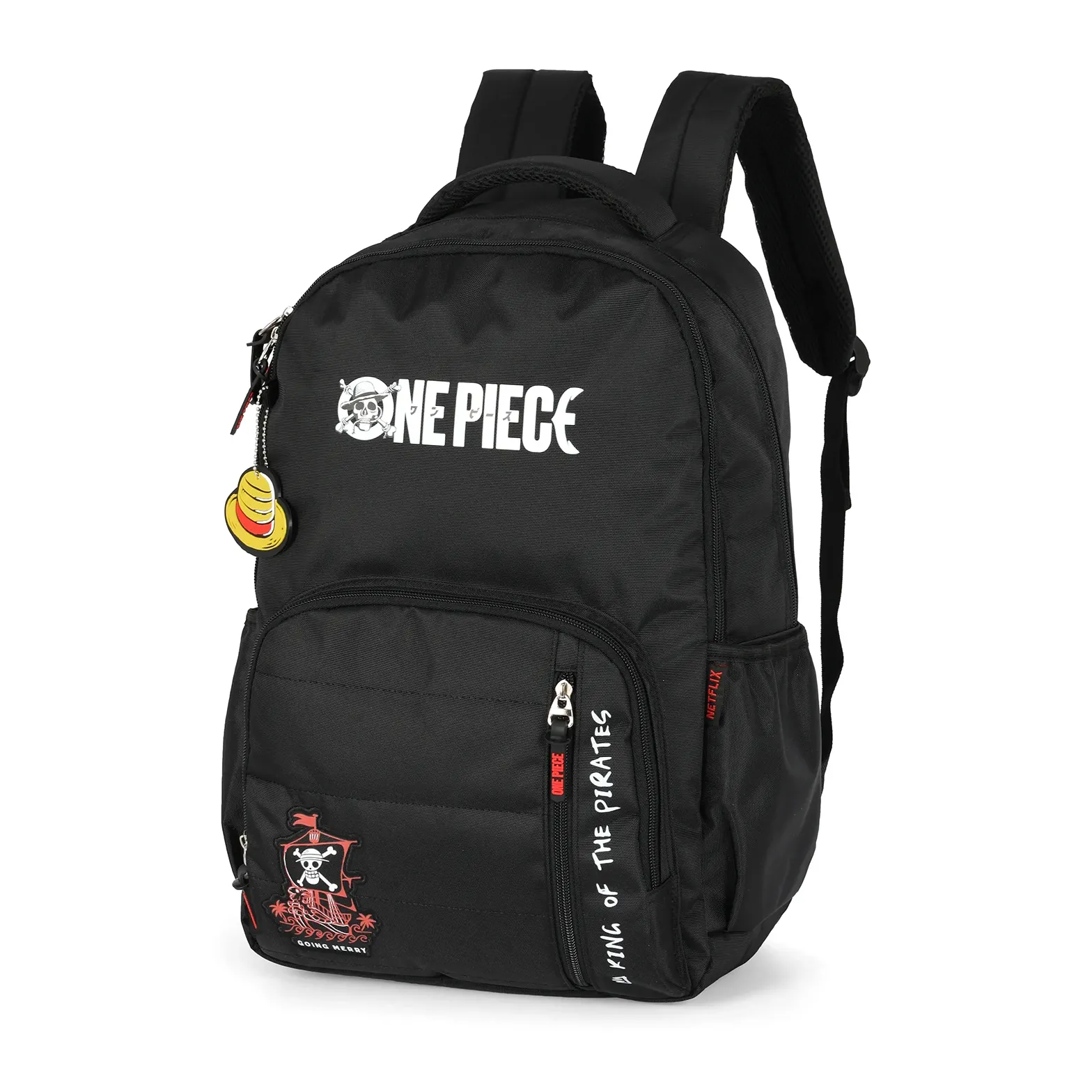 Mochila Luxcel One Piece infantil preta vista frontal com detalhes coloridos